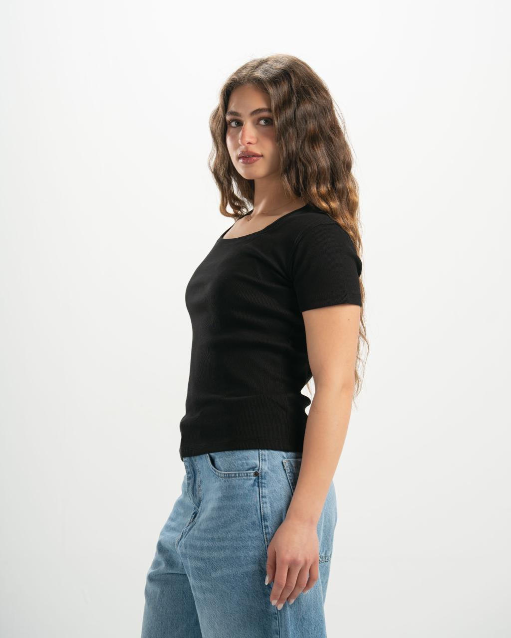 ribbed square neck black SS top
