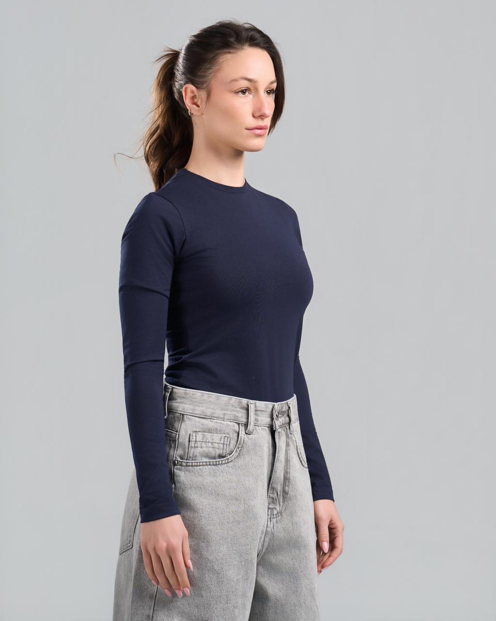 U-Neck Long Sleeve NavyBlue Top