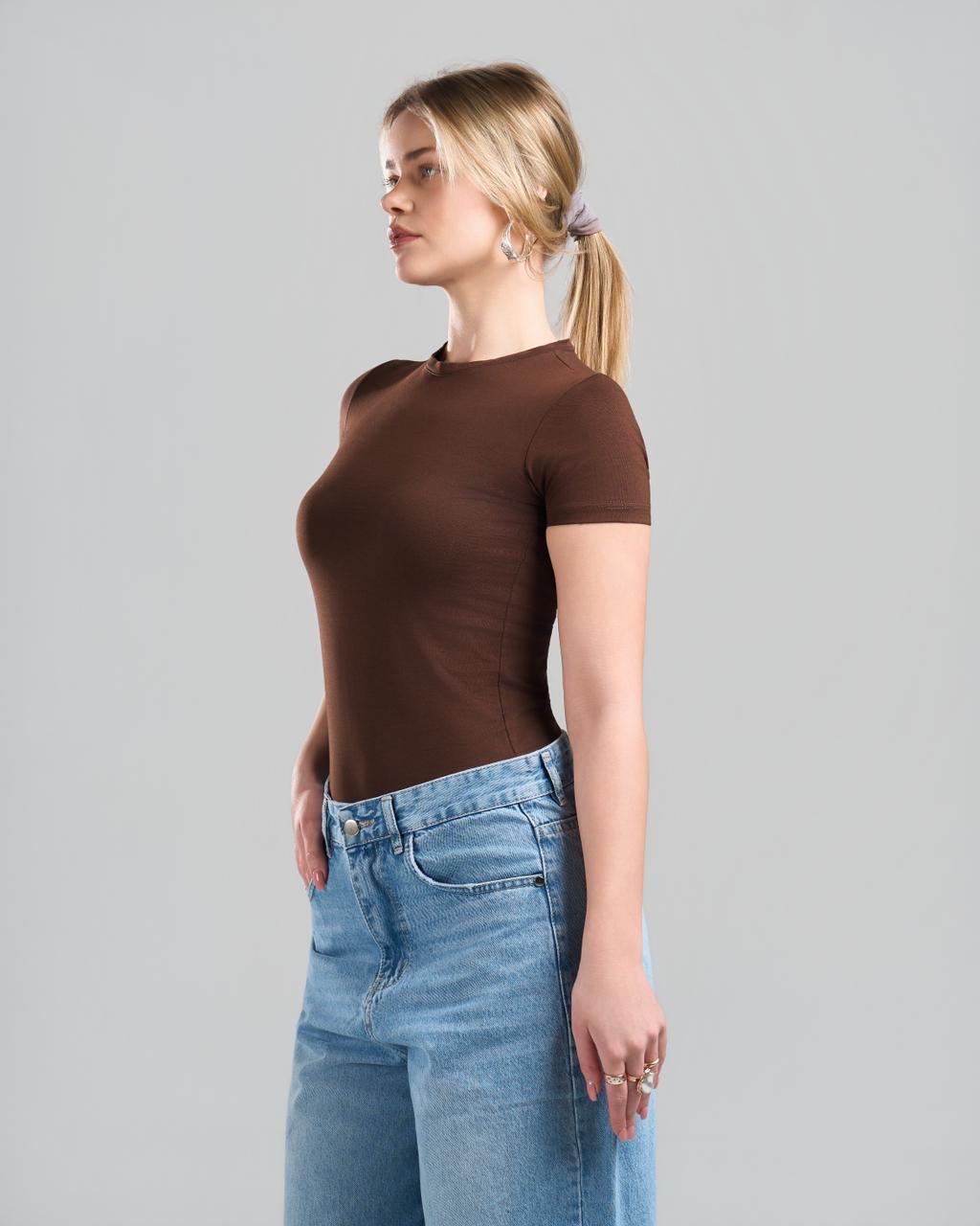 U-Neck Short Sleeve Brown Top