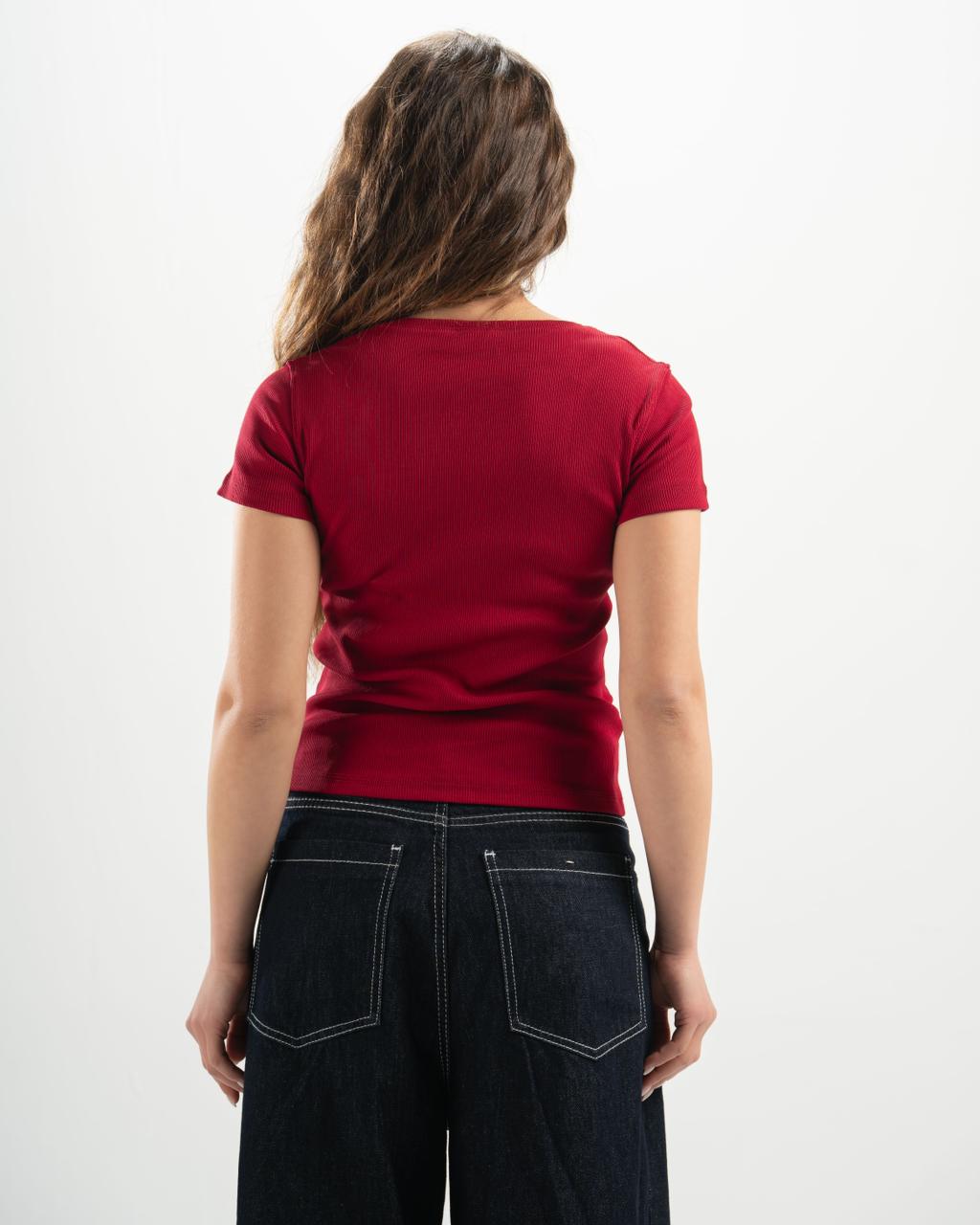 ribbed square neck red SS top