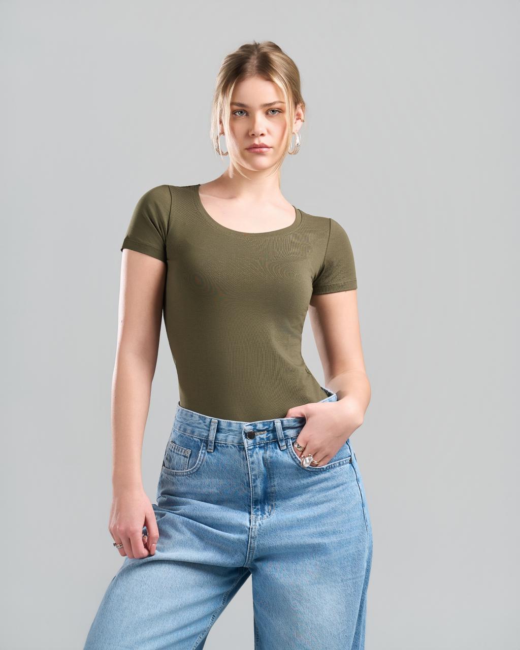 Round Short Sleeve OliveGreen Top