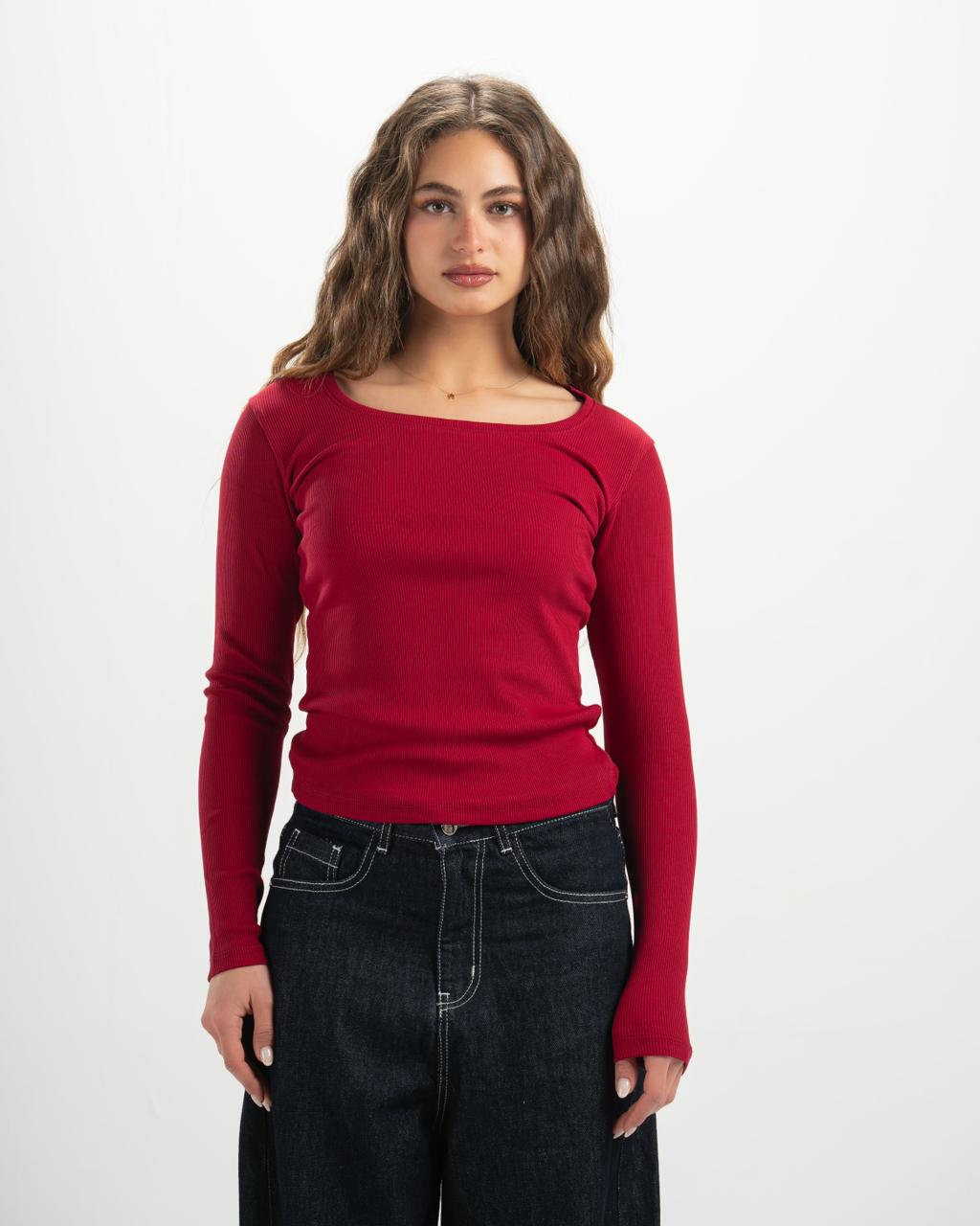 ribbed square neck red LS top