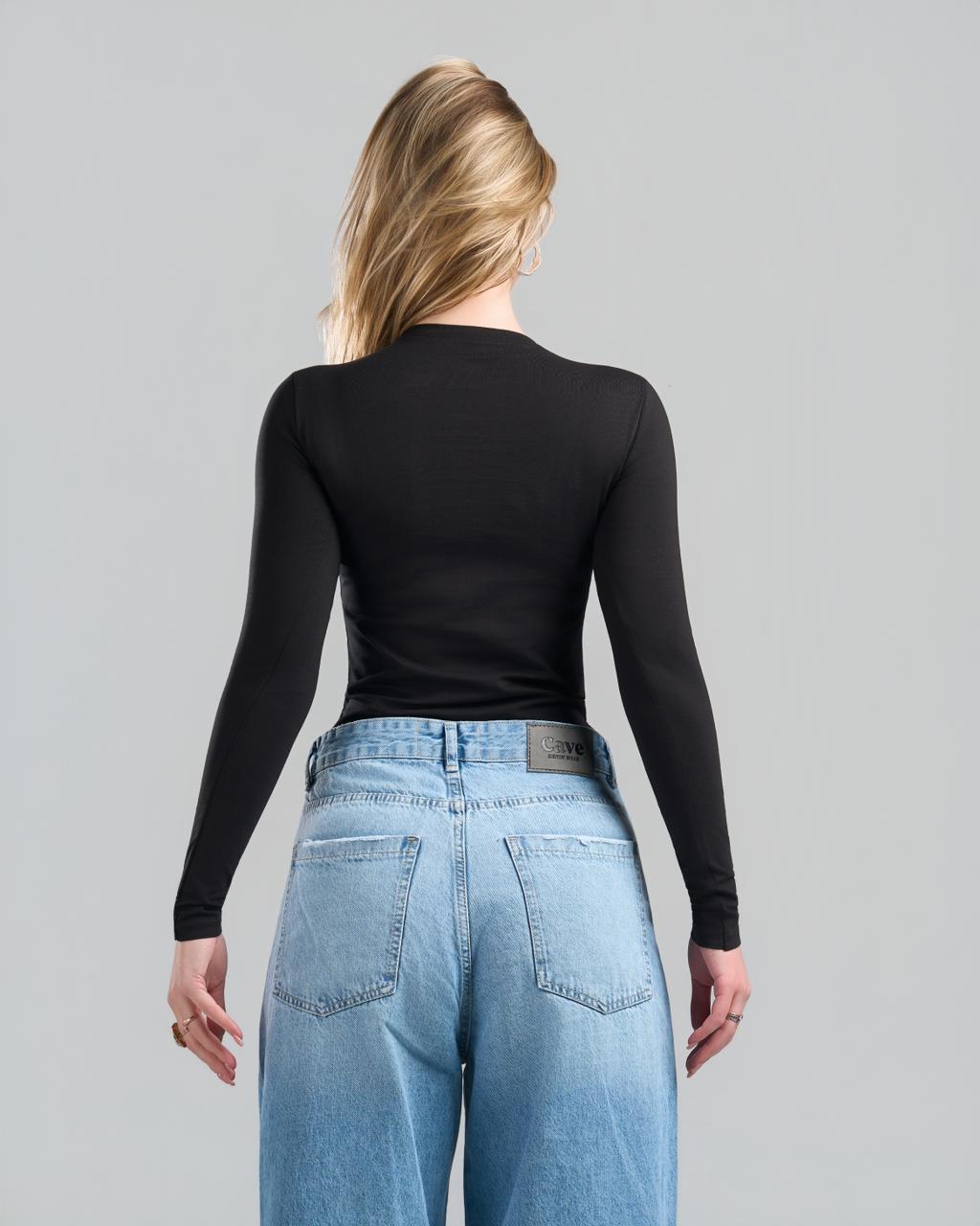 U-Neck Long Sleeve Black Top