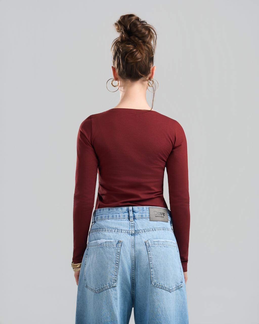 Round Long Sleeve Burgundy Top