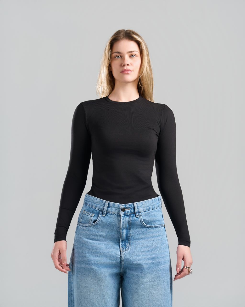 U-Neck Long Sleeve Black Top