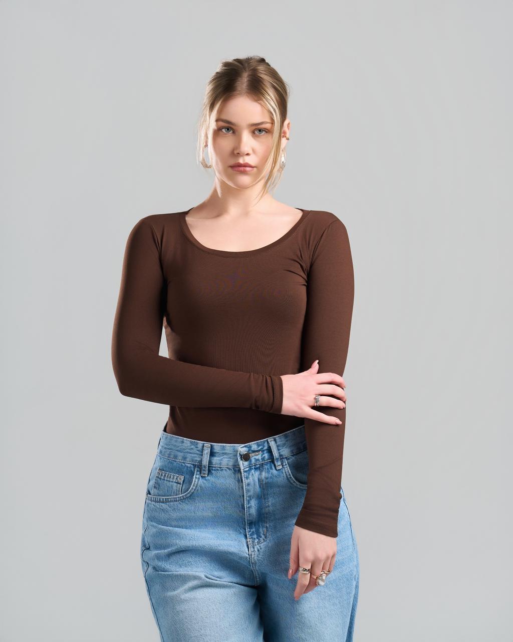 Round Long Sleeve Brown Top