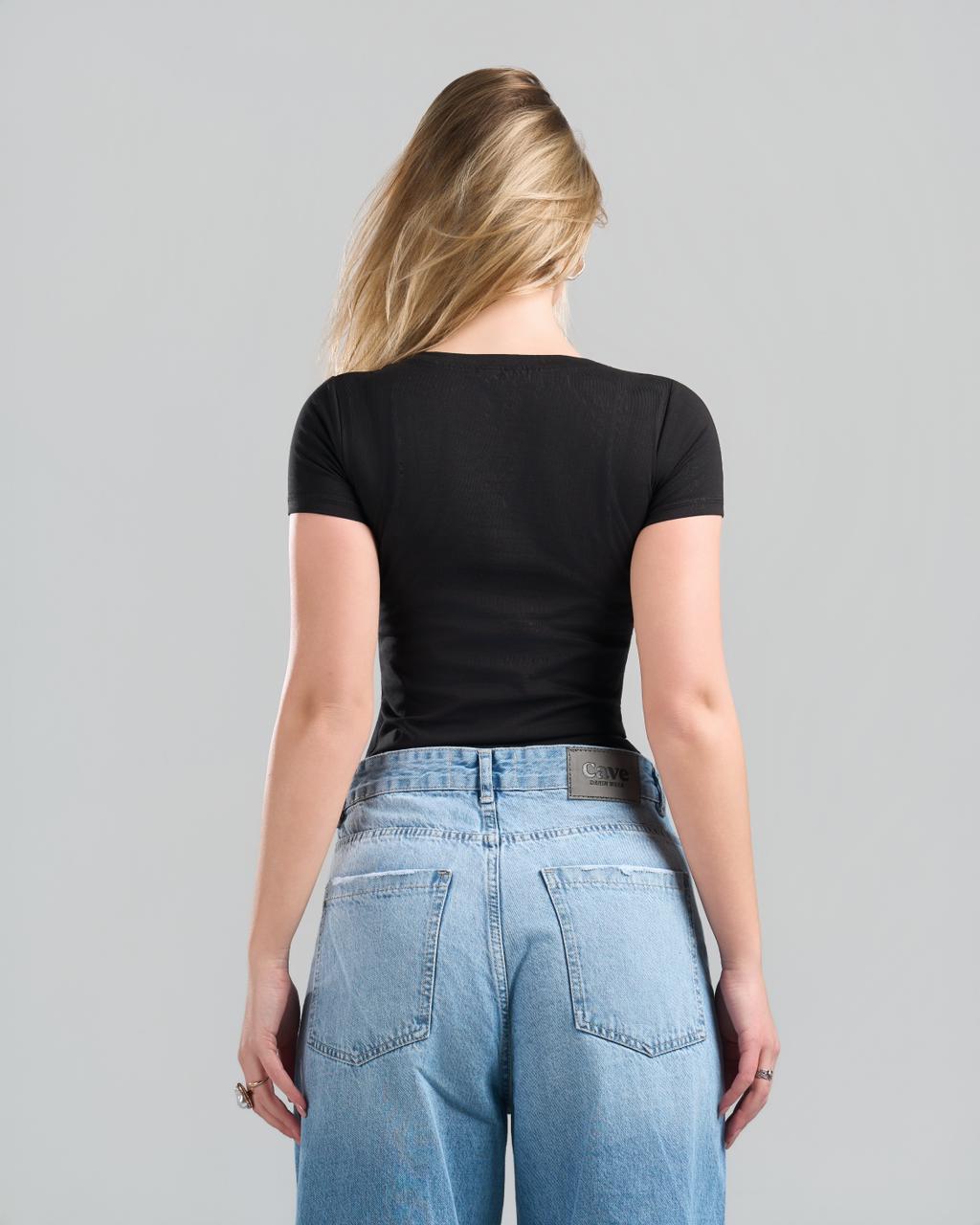 Round Short Sleeve Black Top