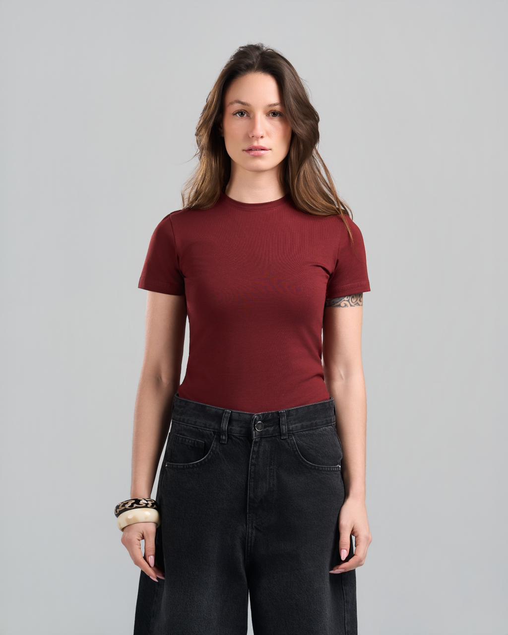 U-Neck Short Sleeve Burgundy Top