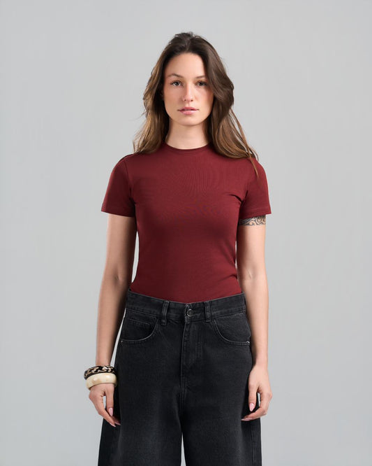 U-Neck Short Sleeve Burgundy Top