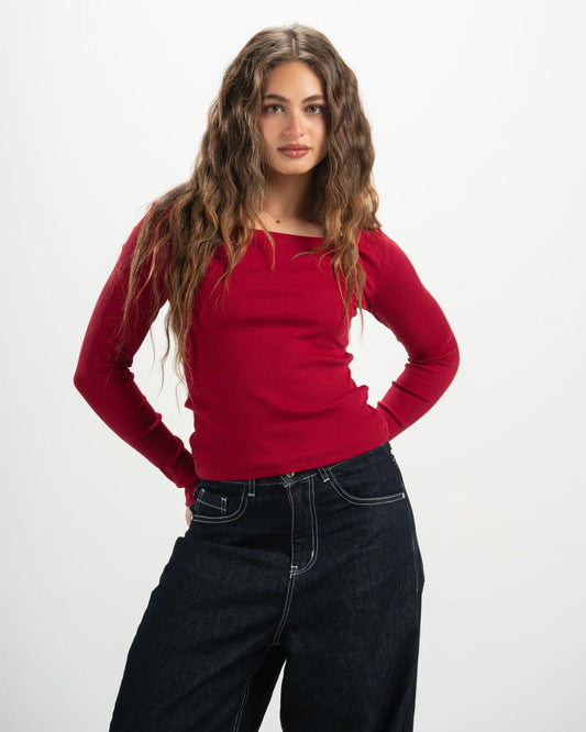 ribbed square neck red LS top