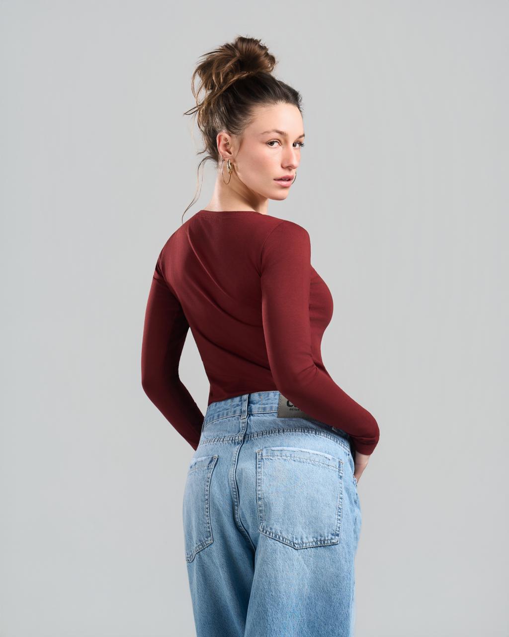 Round Long Sleeve Burgundy Top