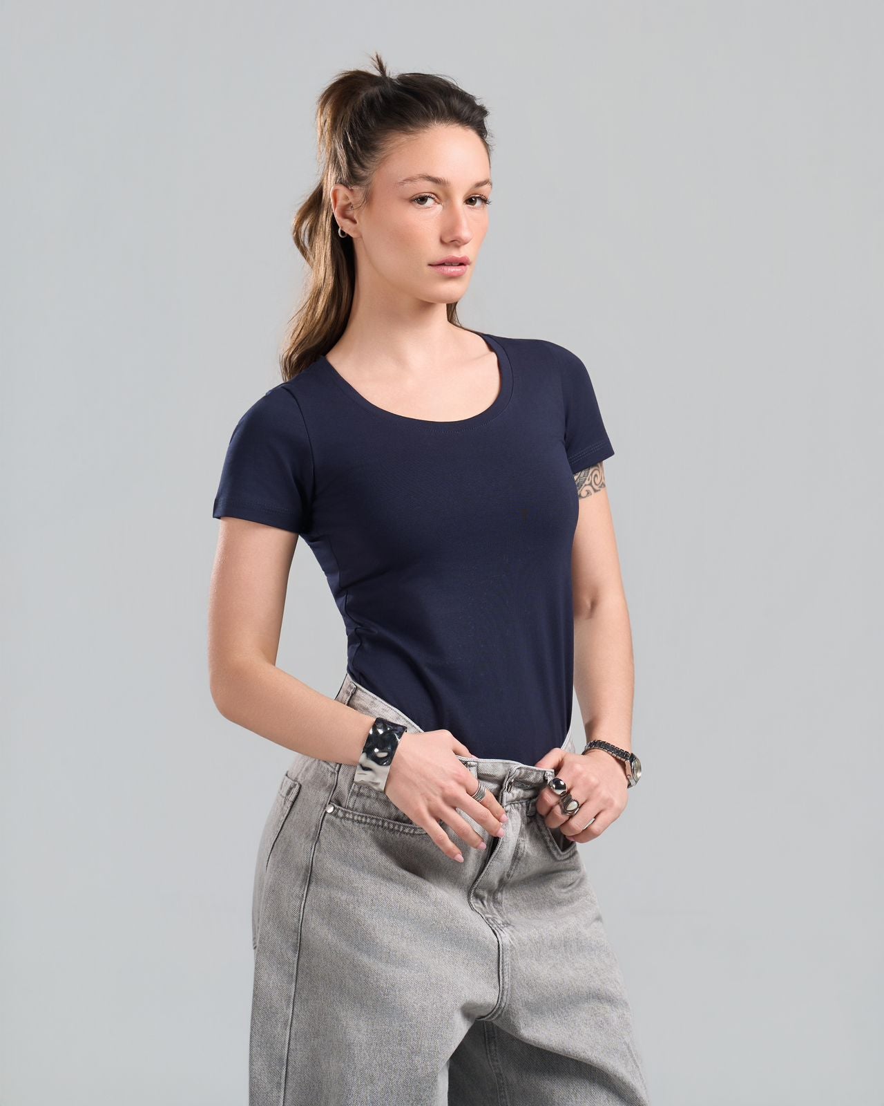 Round Short Sleeve NavyBlue Top
