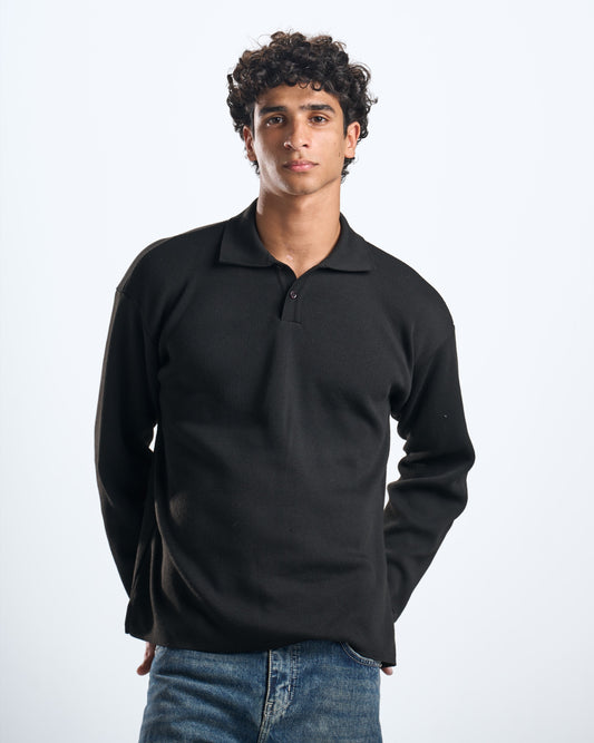 knitted black LS polo