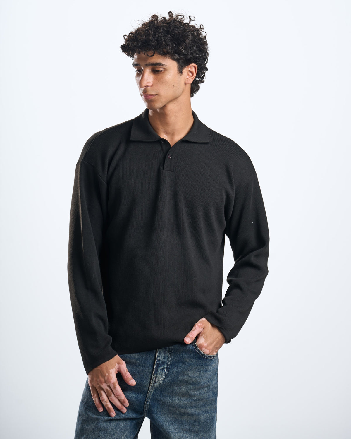 knitted black LS polo