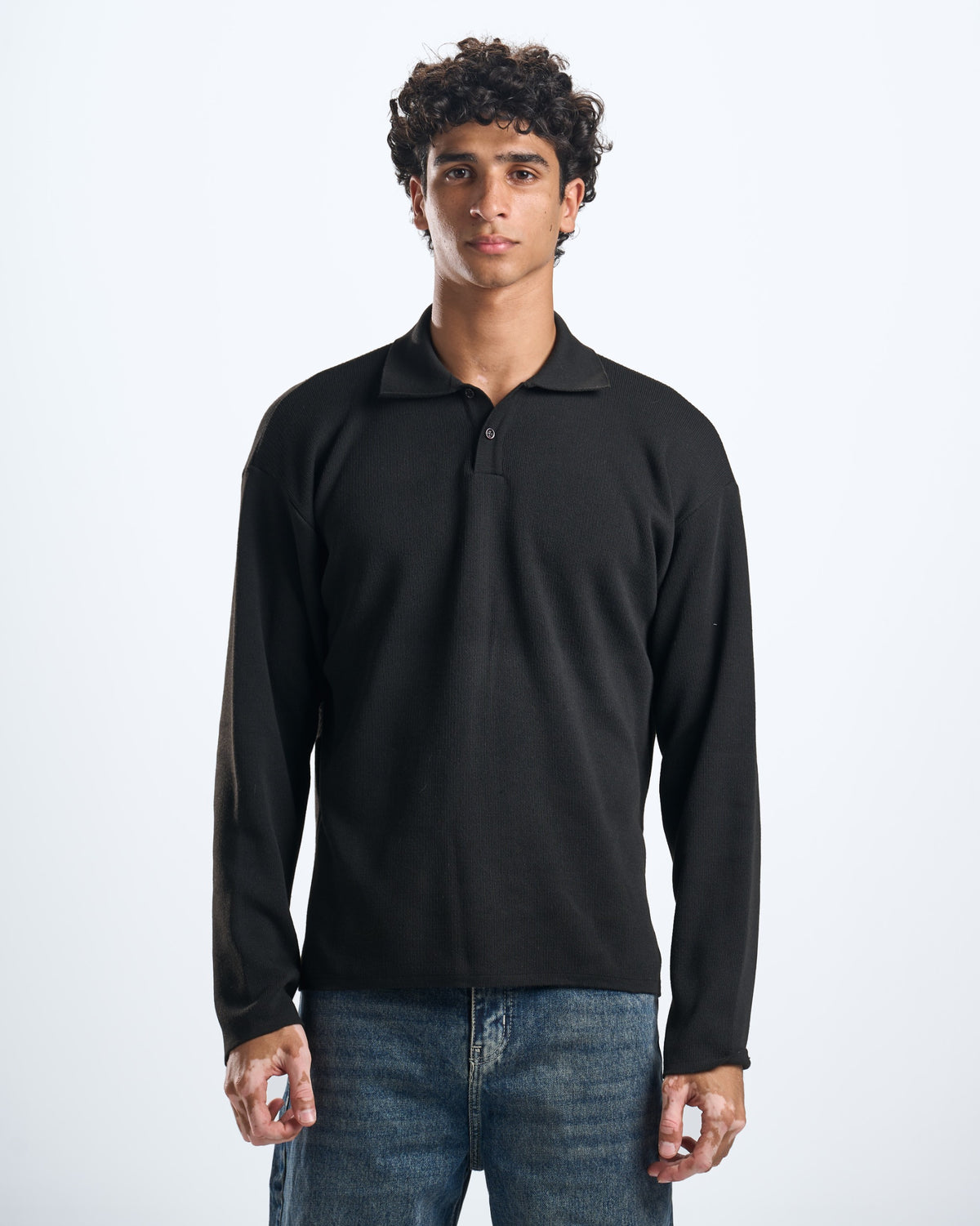 knitted black LS polo