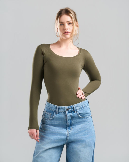 Round Long Sleeve OliveGreen Top
