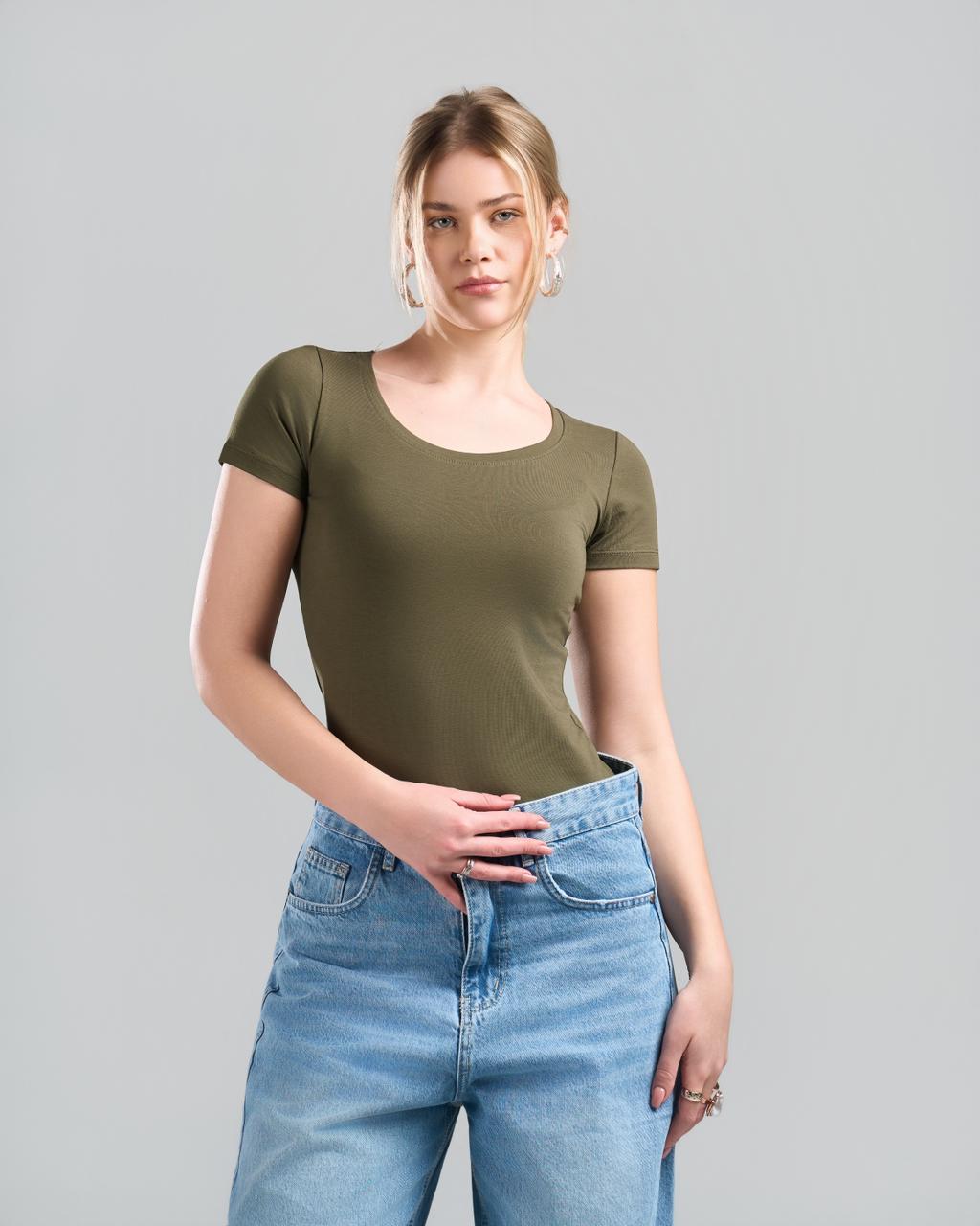 Round Short Sleeve OliveGreen Top
