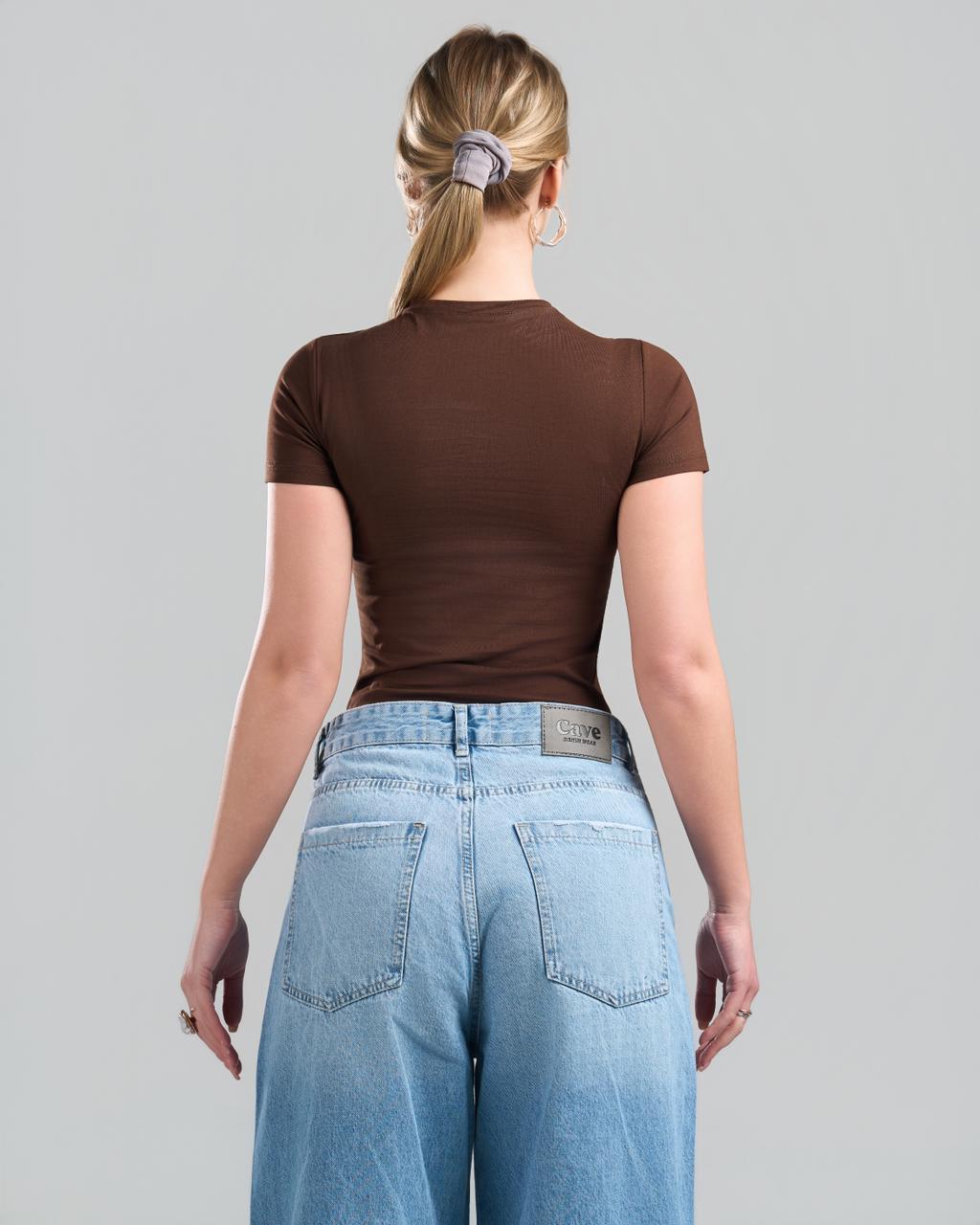 U-Neck Short Sleeve Brown Top