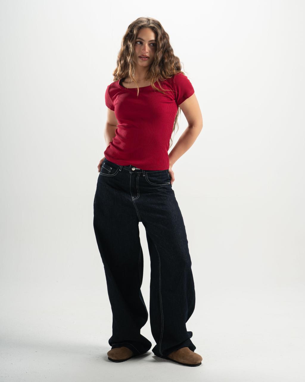 ribbed square neck red SS top