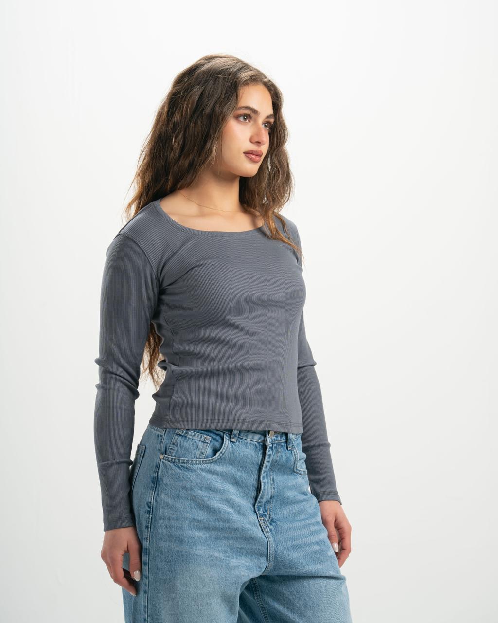 ribbed square neck grey LS top