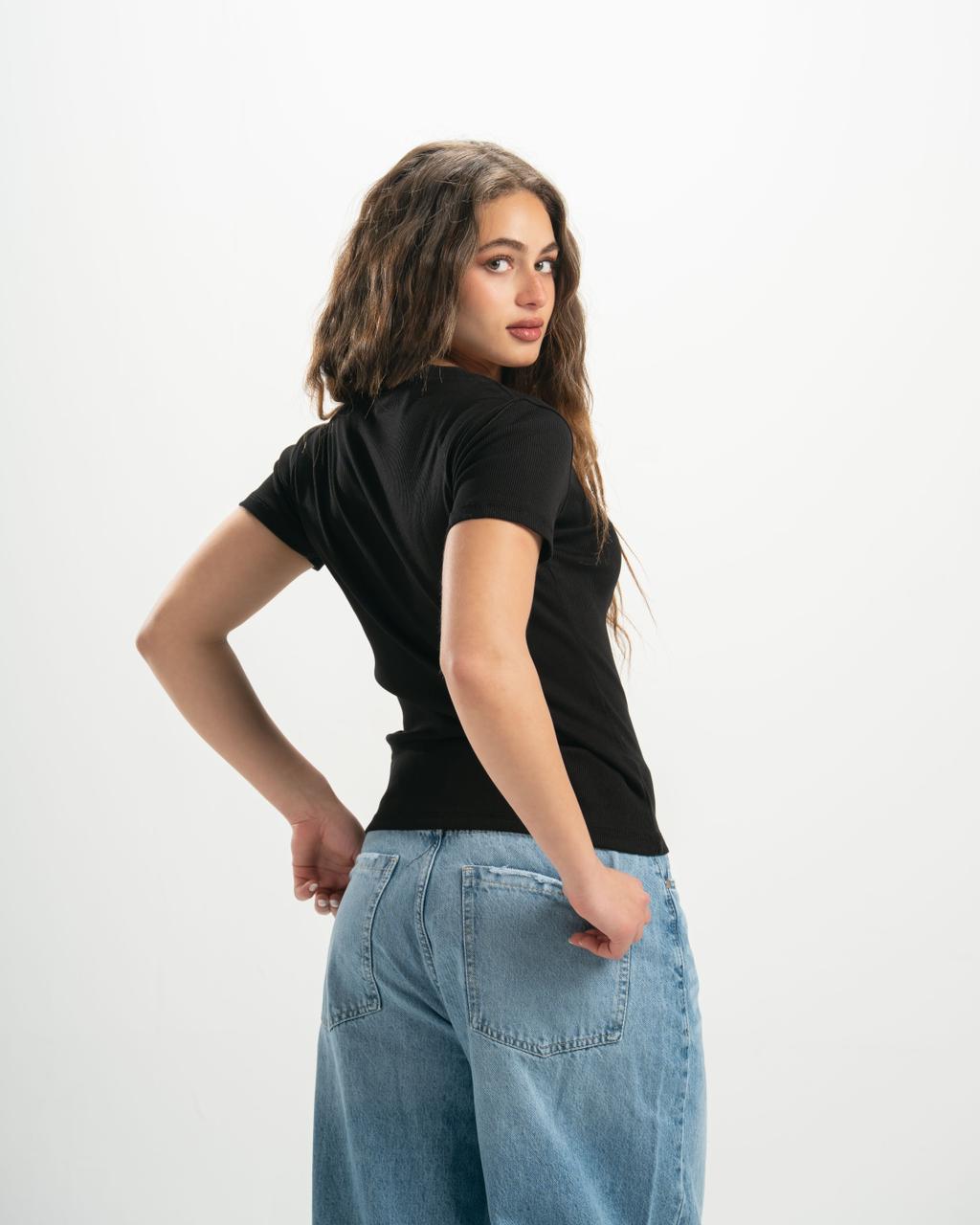 ribbed square neck black SS top