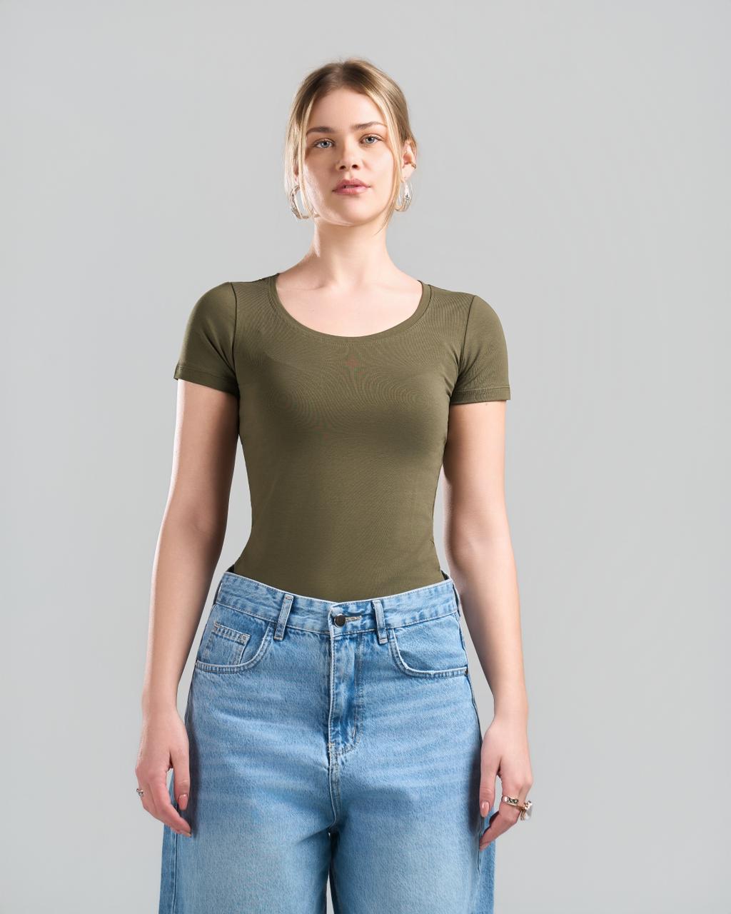 Round Short Sleeve OliveGreen Top
