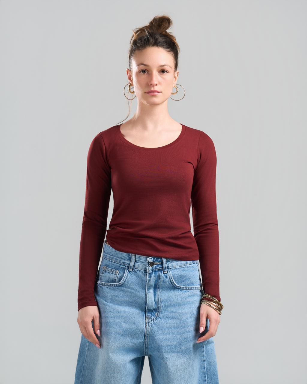 Round Long Sleeve Burgundy Top