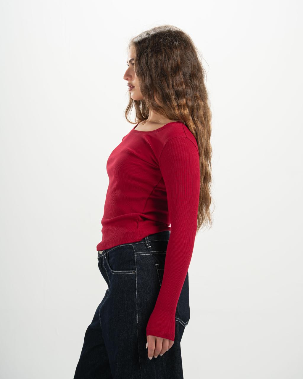 ribbed square neck red LS top