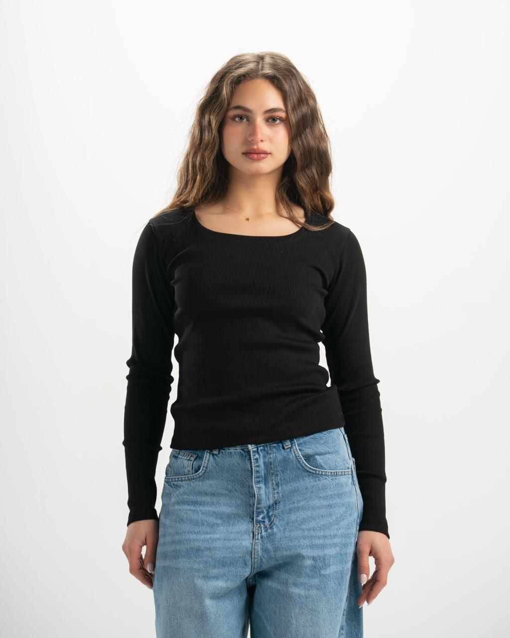 ribbed square neck black LS top