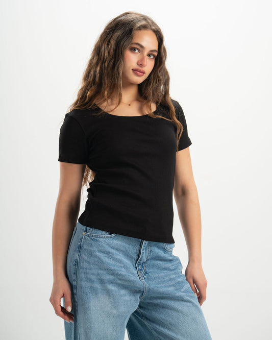 ribbed square neck black SS top