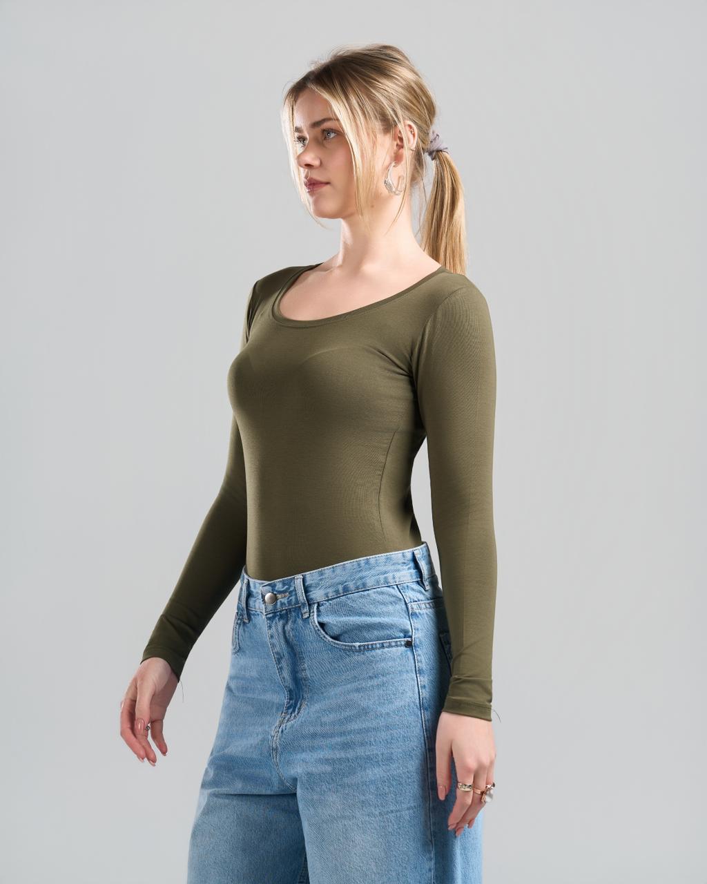 Round Long Sleeve OliveGreen Top
