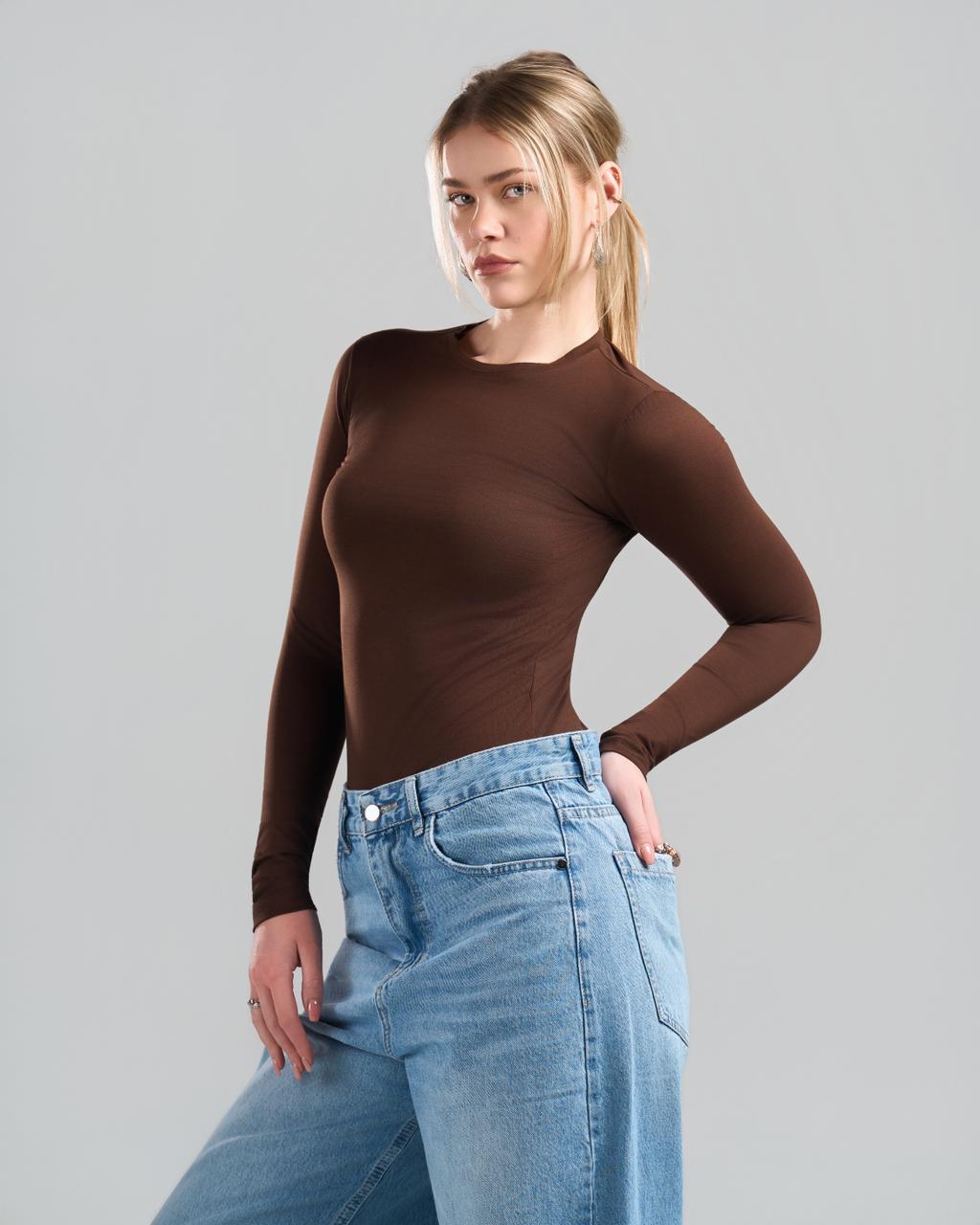 U-Neck Long Sleeve Brown Top