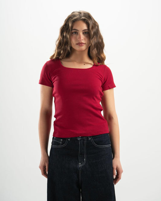 ribbed square neck red SS top