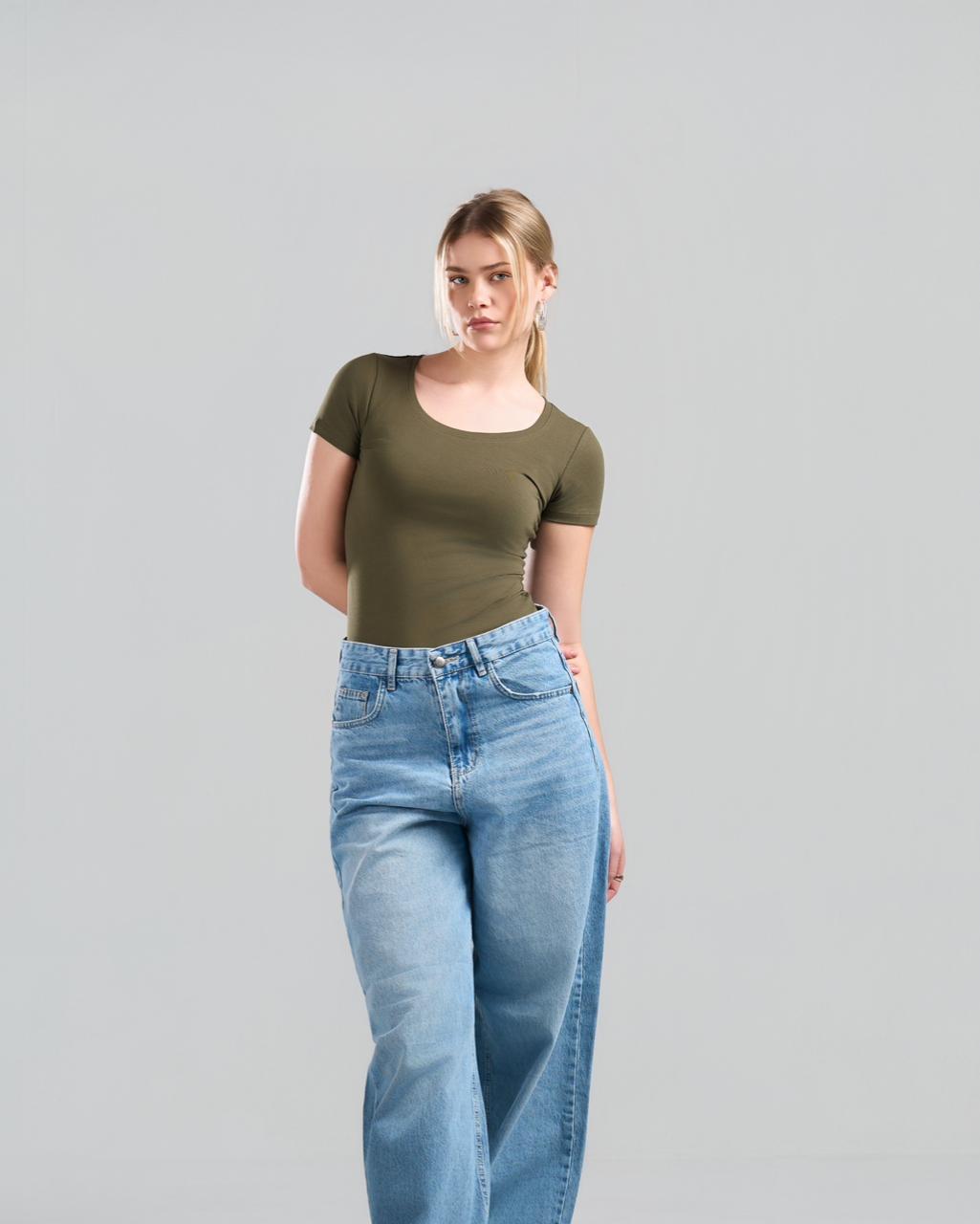 Round Short Sleeve OliveGreen Top