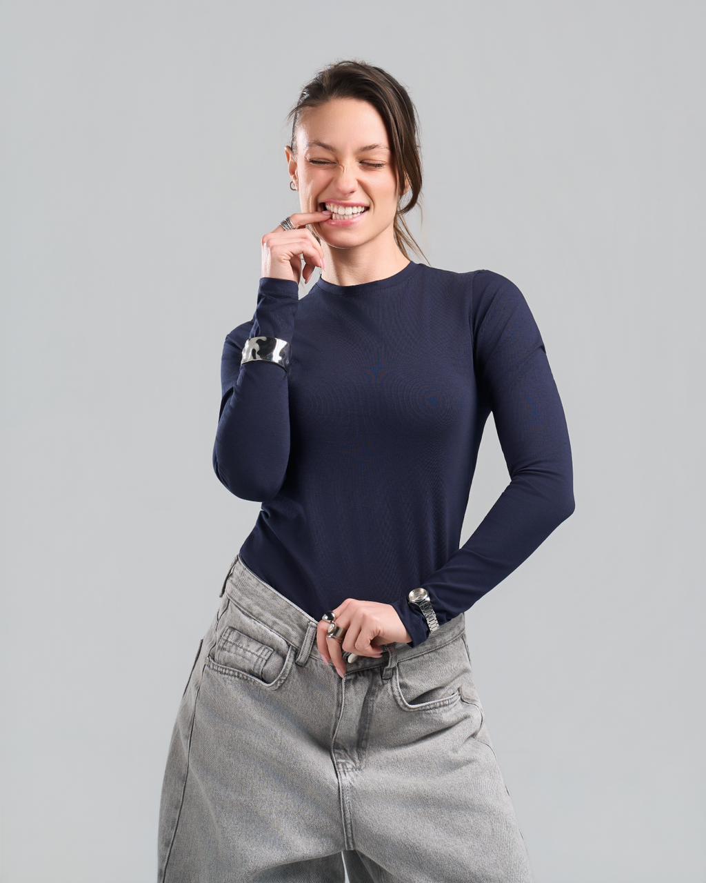 U-Neck Long Sleeve NavyBlue Top