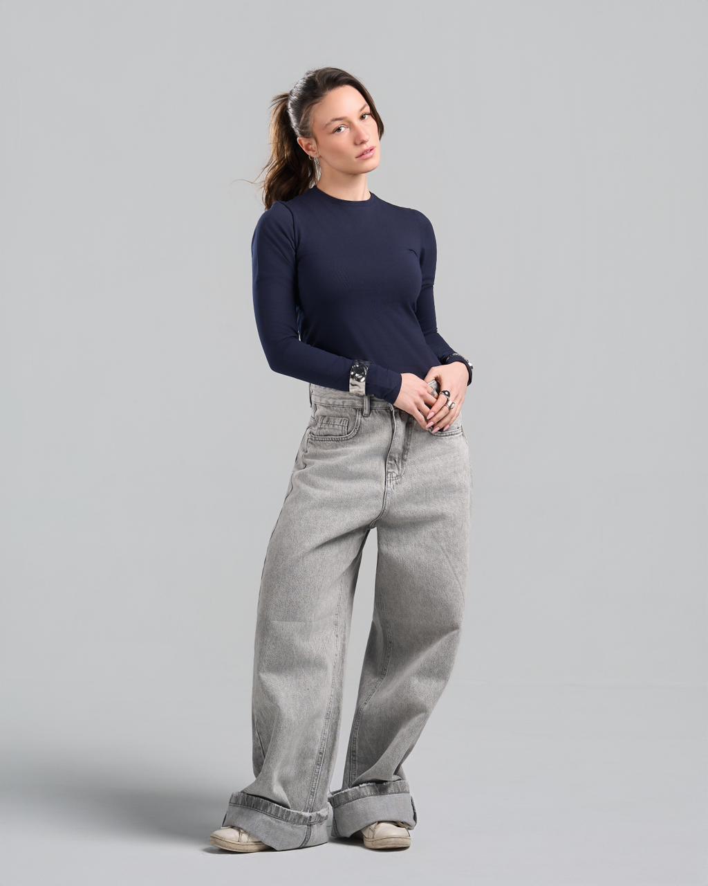 U-Neck Long Sleeve NavyBlue Top