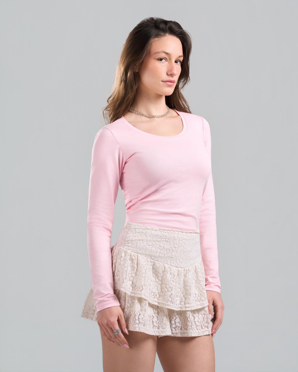 Round Long Sleeve Pink Top