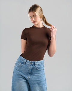 U-Neck Short Sleeve Brown Top