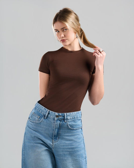 U-Neck Short Sleeve Brown Top