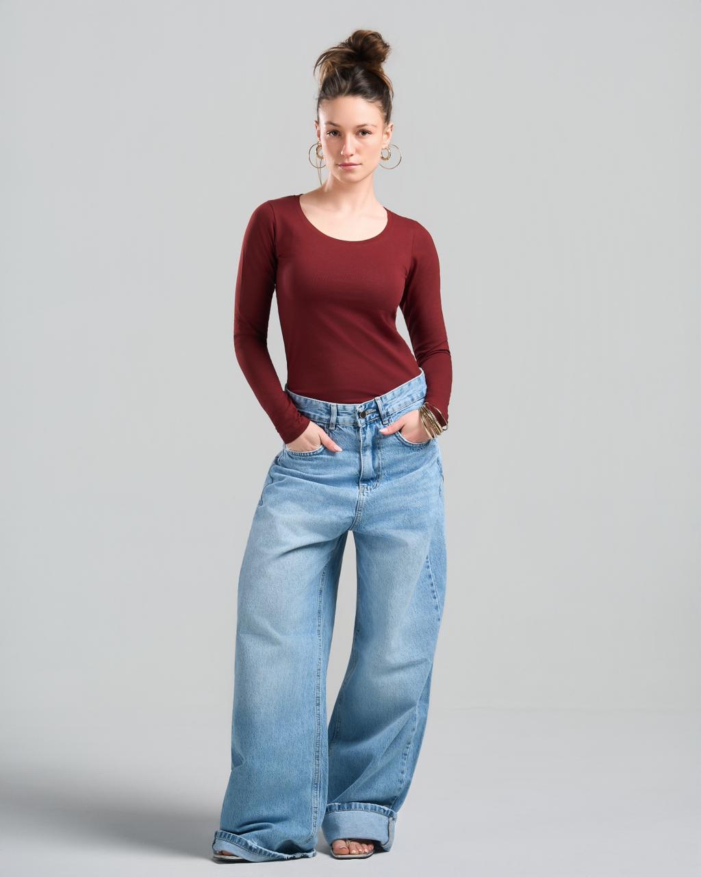Round Long Sleeve Burgundy Top