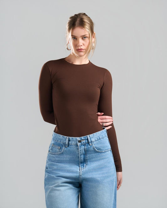 U-Neck Long Sleeve Brown Top