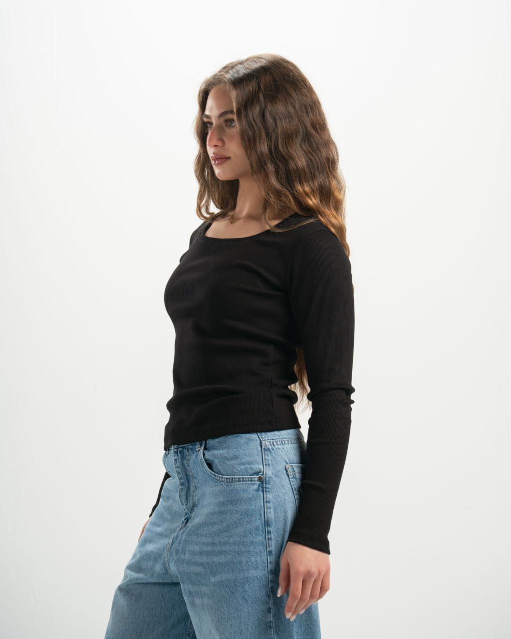 ribbed square neck black LS top
