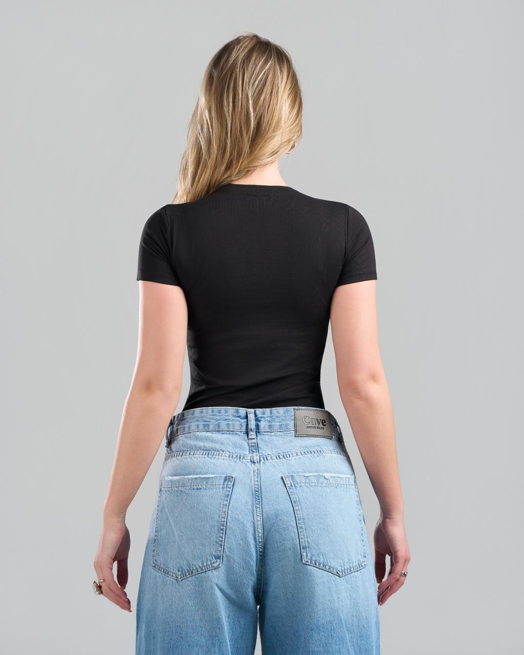 U-Neck Short Sleeve Black Top