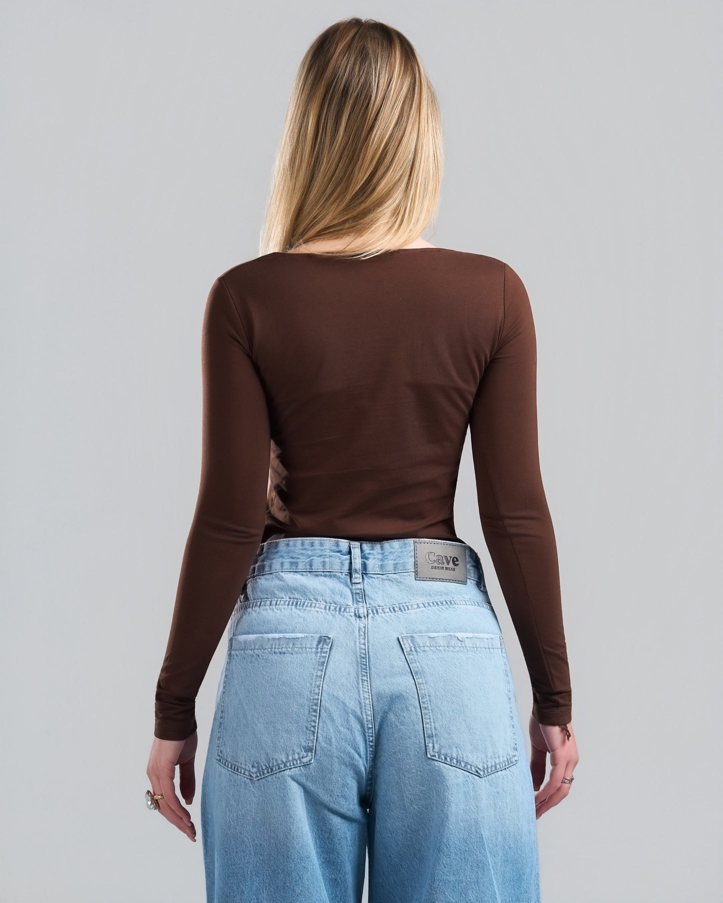 Square Neck Long Sleeve Brown Top