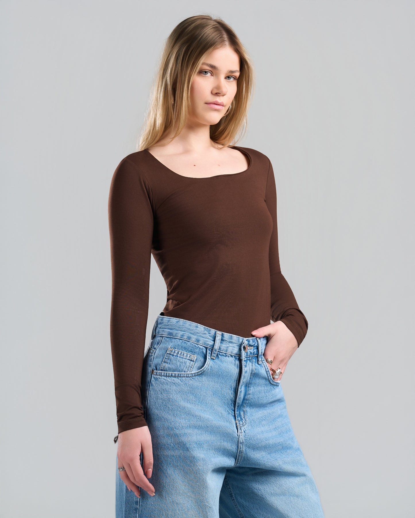 Square Neck Long Sleeve Brown Top
