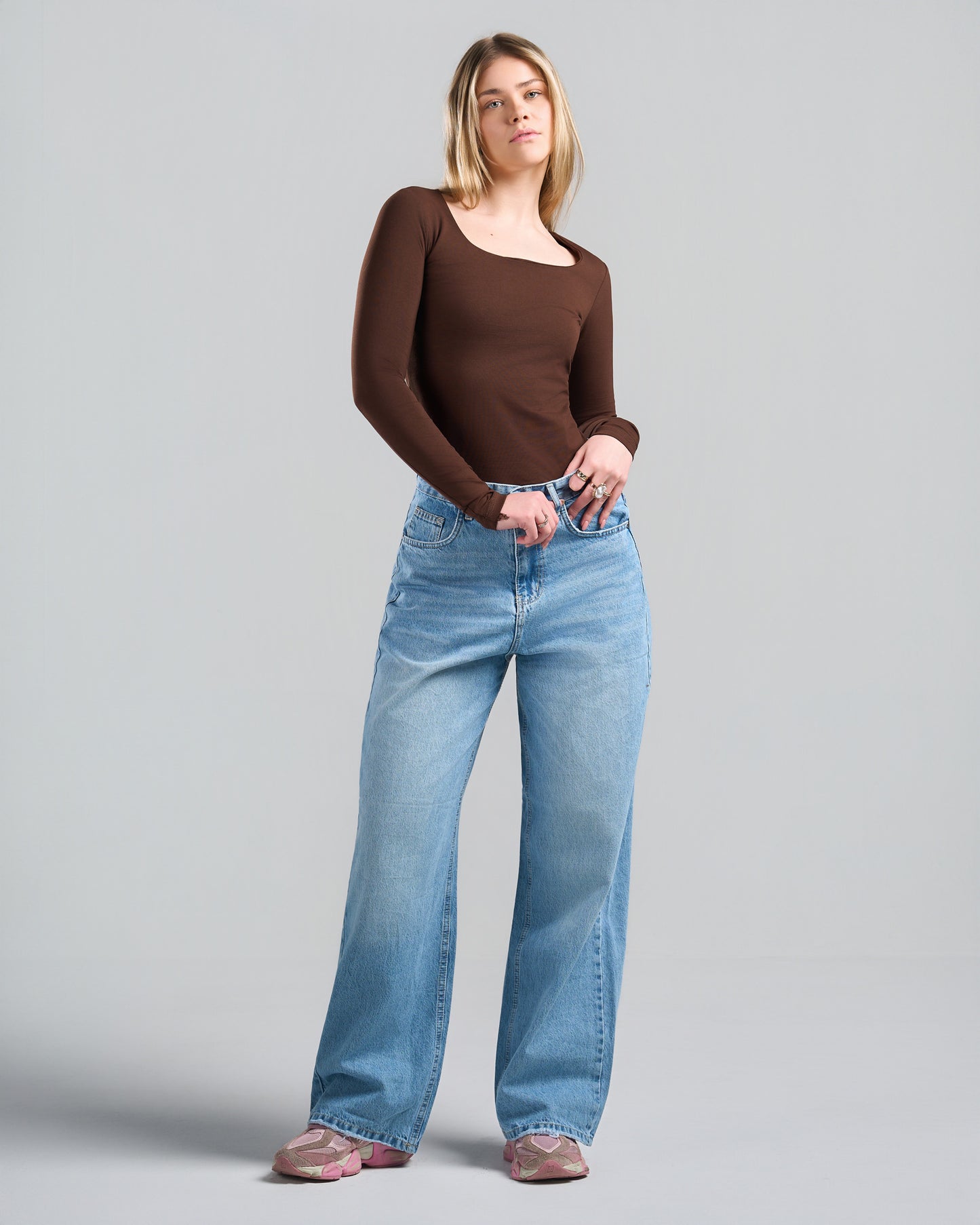 Square Neck Long Sleeve Brown Top