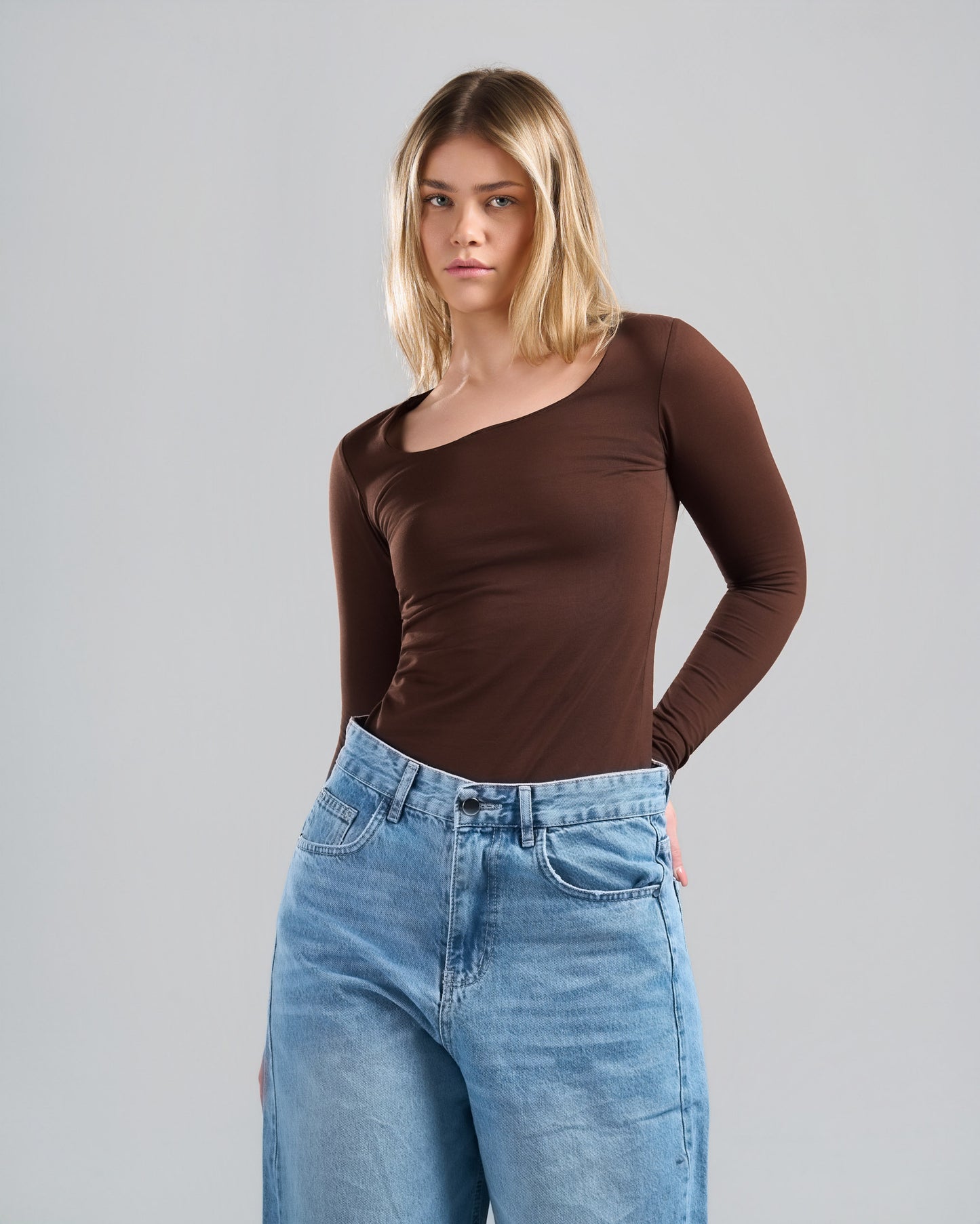 Square Neck Long Sleeve Brown Top