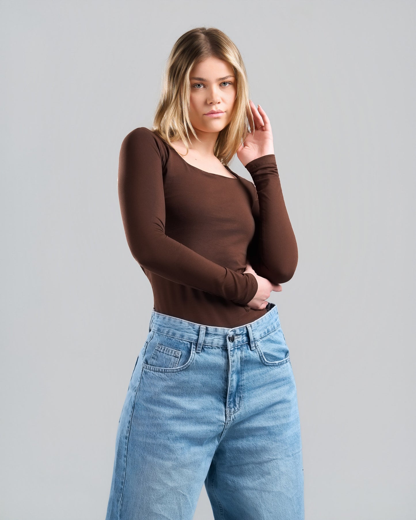 Square Neck Long Sleeve Brown Top