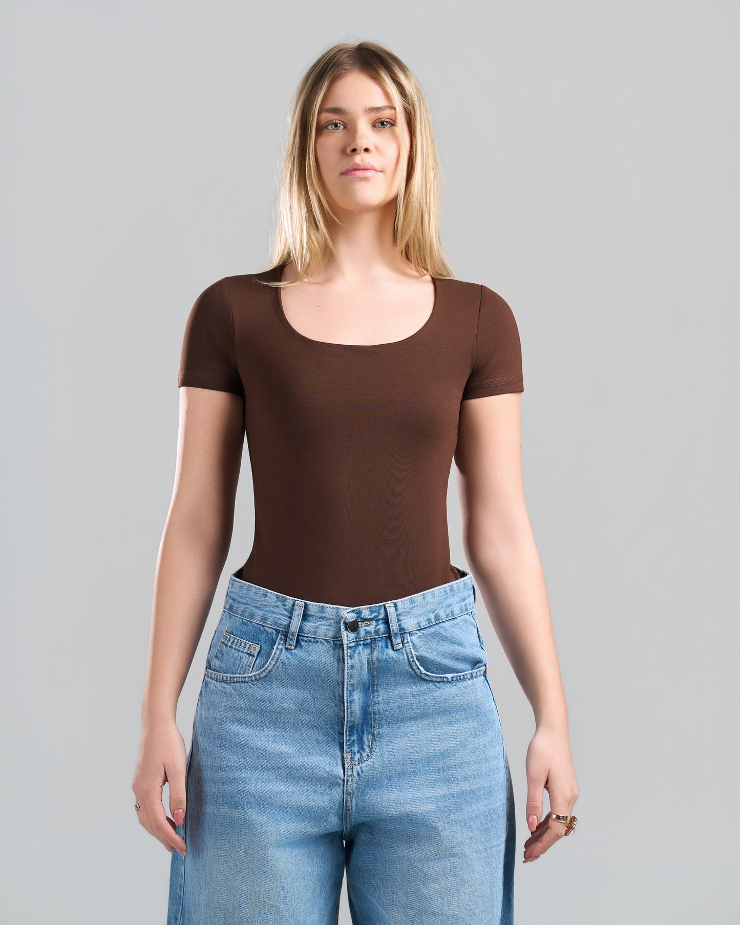 SquareNeck Short Sleeve Brown Top