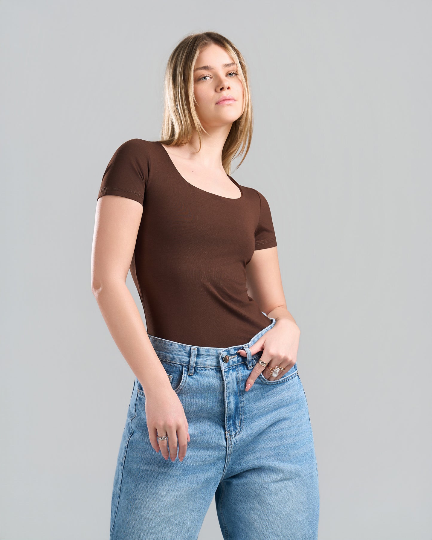 SquareNeck Short Sleeve Brown Top